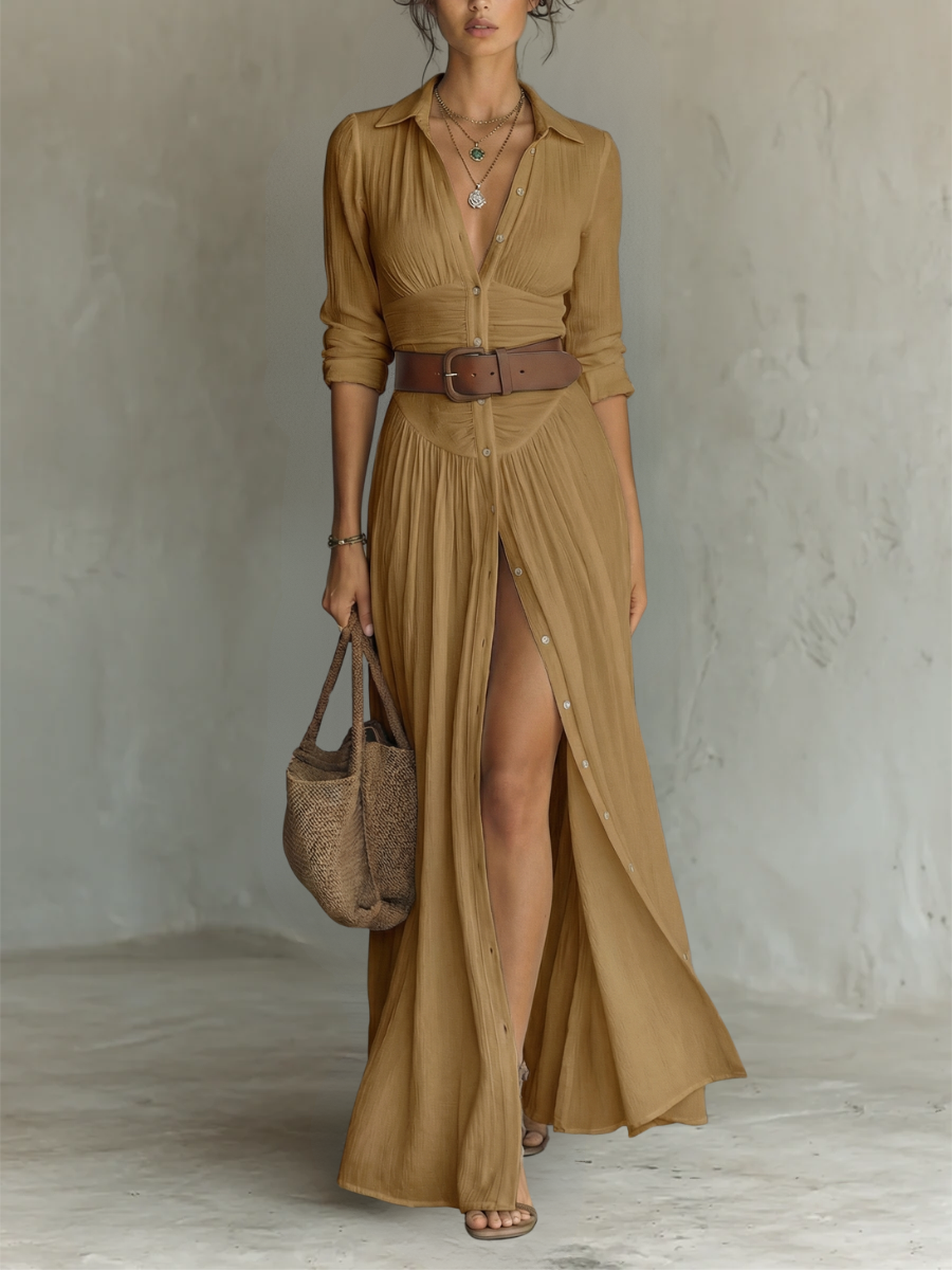 Kaye™ | Notched Collar Pleated Maxi Dress