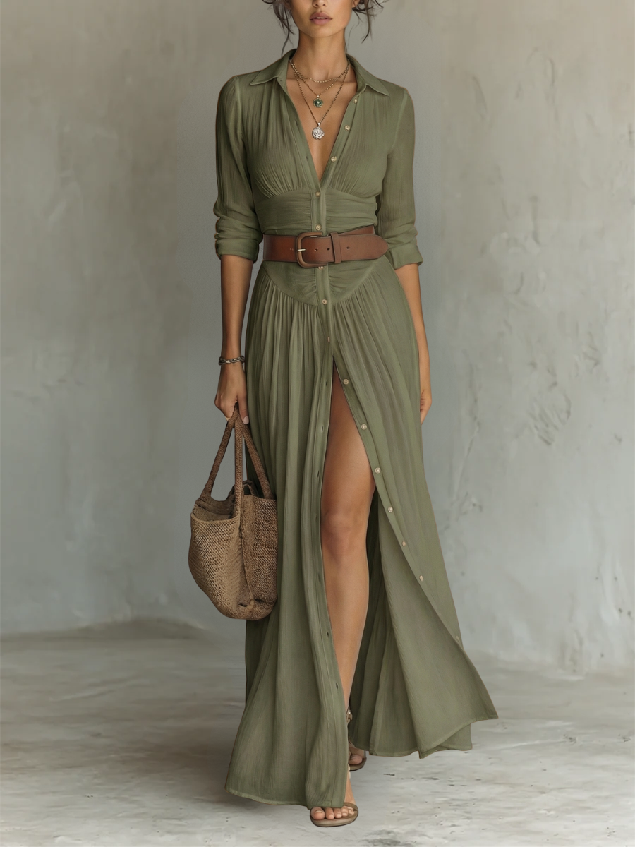 Kaye™ | Notched Collar Pleated Maxi Dress