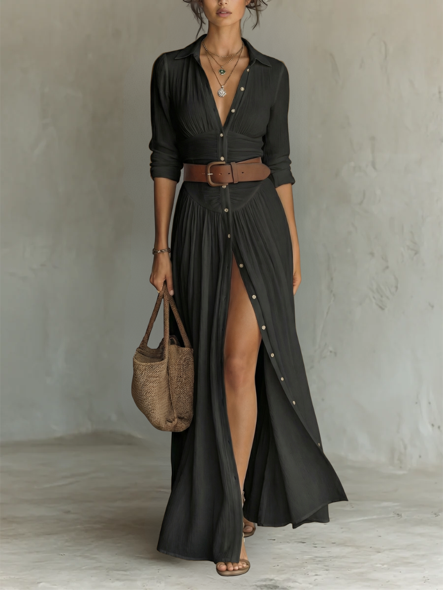 Kaye™ | Notched Collar Pleated Maxi Dress