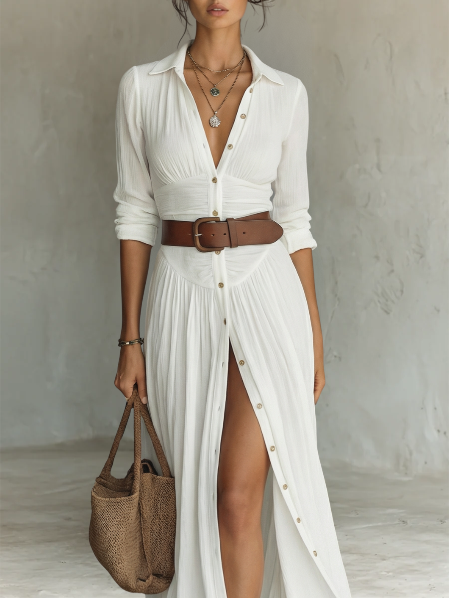 Kaye™ | Notched Collar Pleated Maxi Dress