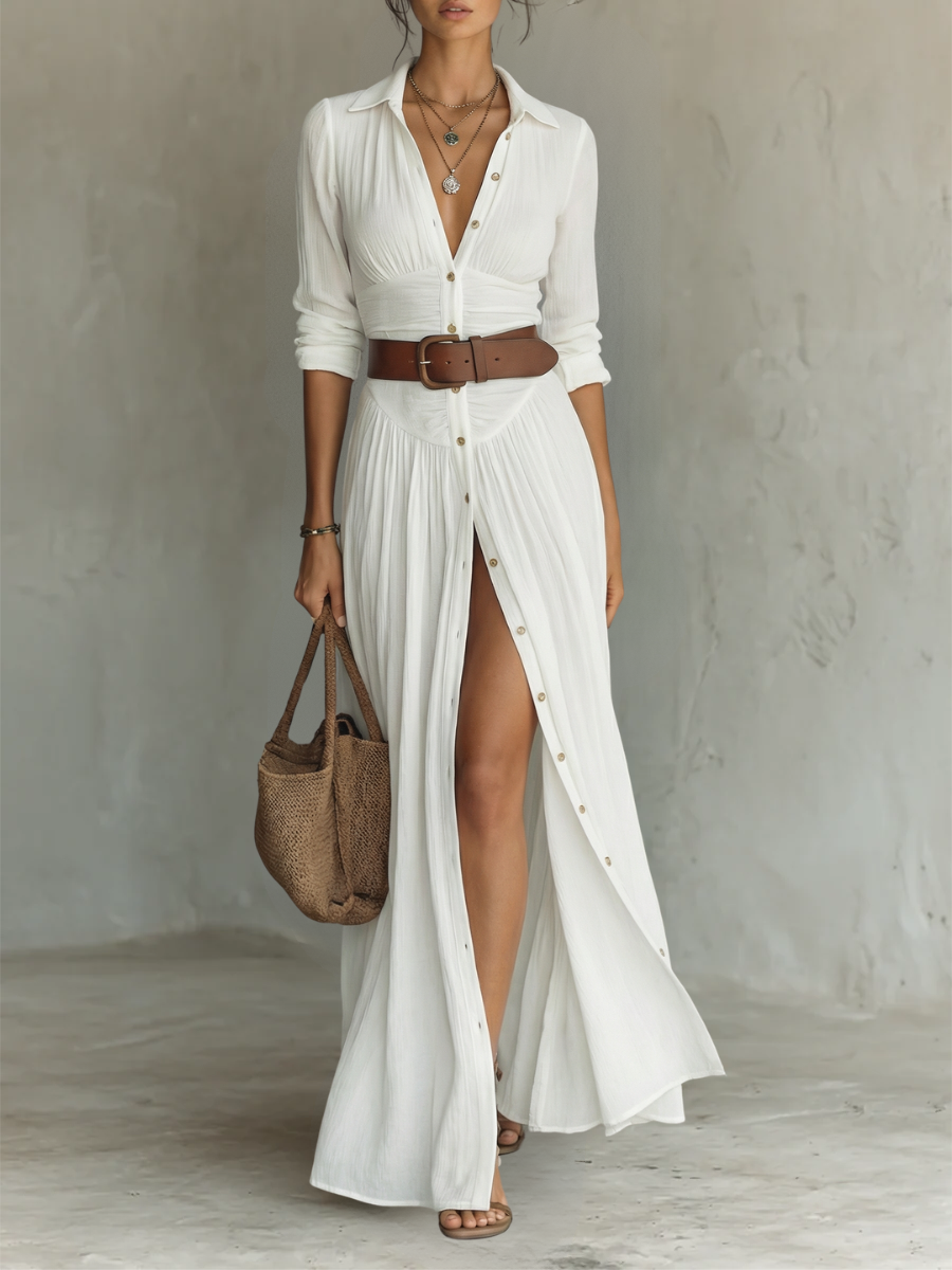 Kaye™ | Notched Collar Pleated Maxi Dress