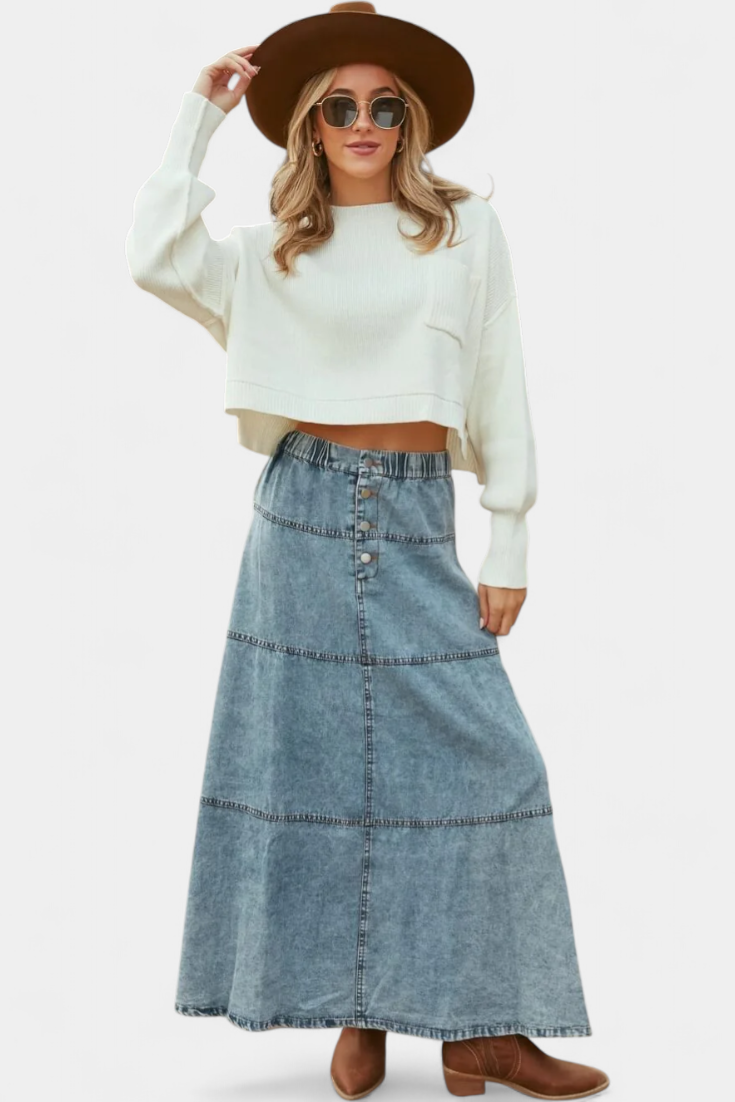 Lorraine Long Denim Skirt Featuring Feather Accents