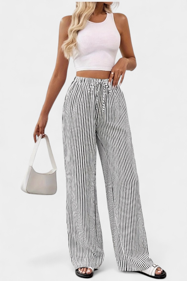 Adjustable Waist Lightweight Striped Straight Pants - Sabrina